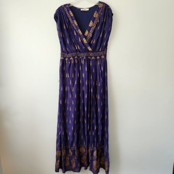 Lapogee Dress Women's L Navy Maxi VNeck Cottagecore Prairie Boho Coastal Grunge - Picture 1 of 16